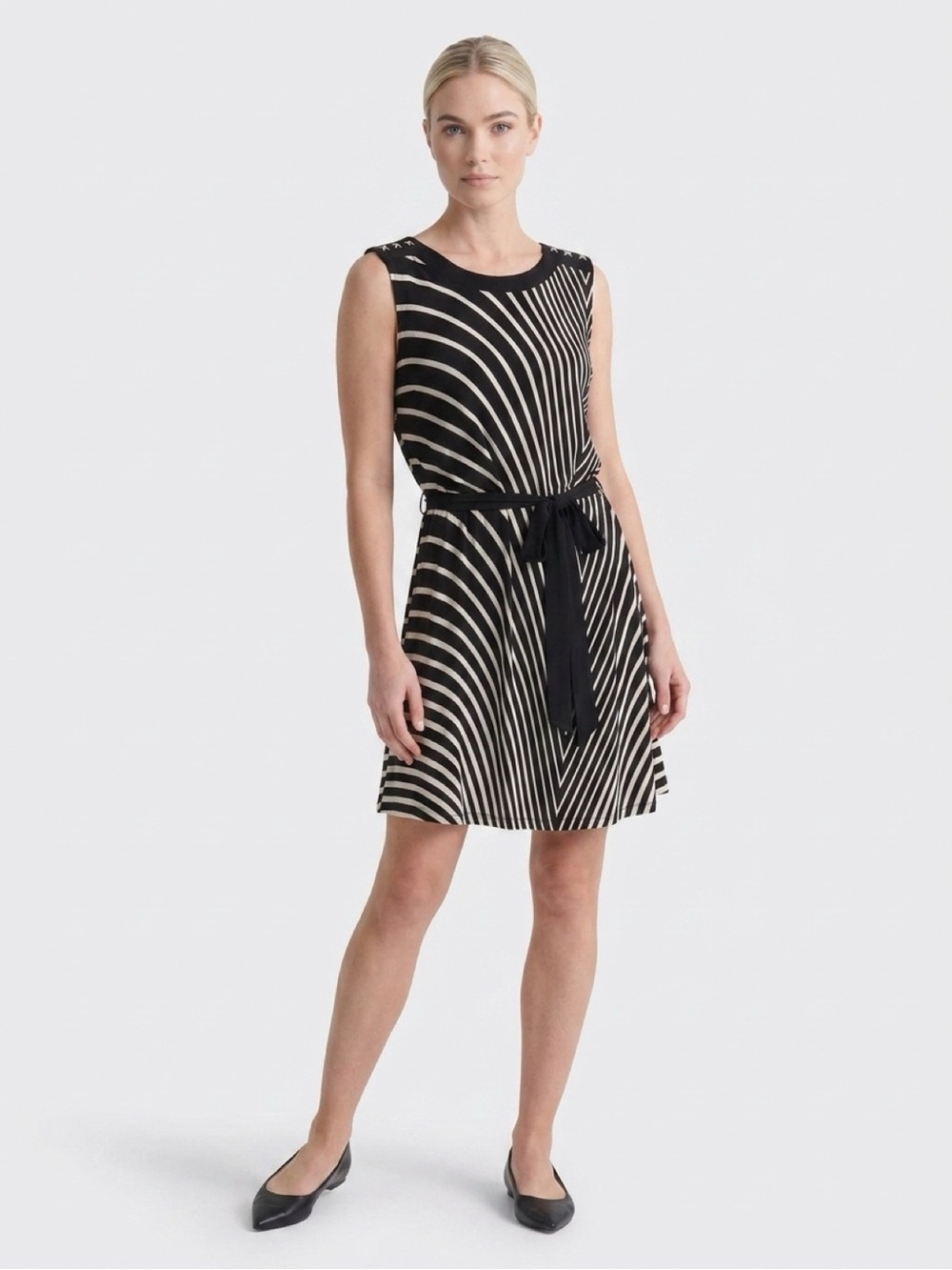 White House Black Market Black & Cream Radiant-Stripe Tie-Waist Midi Dress